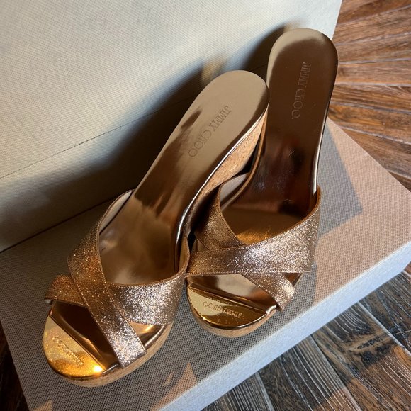 Jimmy Choo Gold Glitter Leather Prima Wedge Platform Sandals - Picture 1 of 7